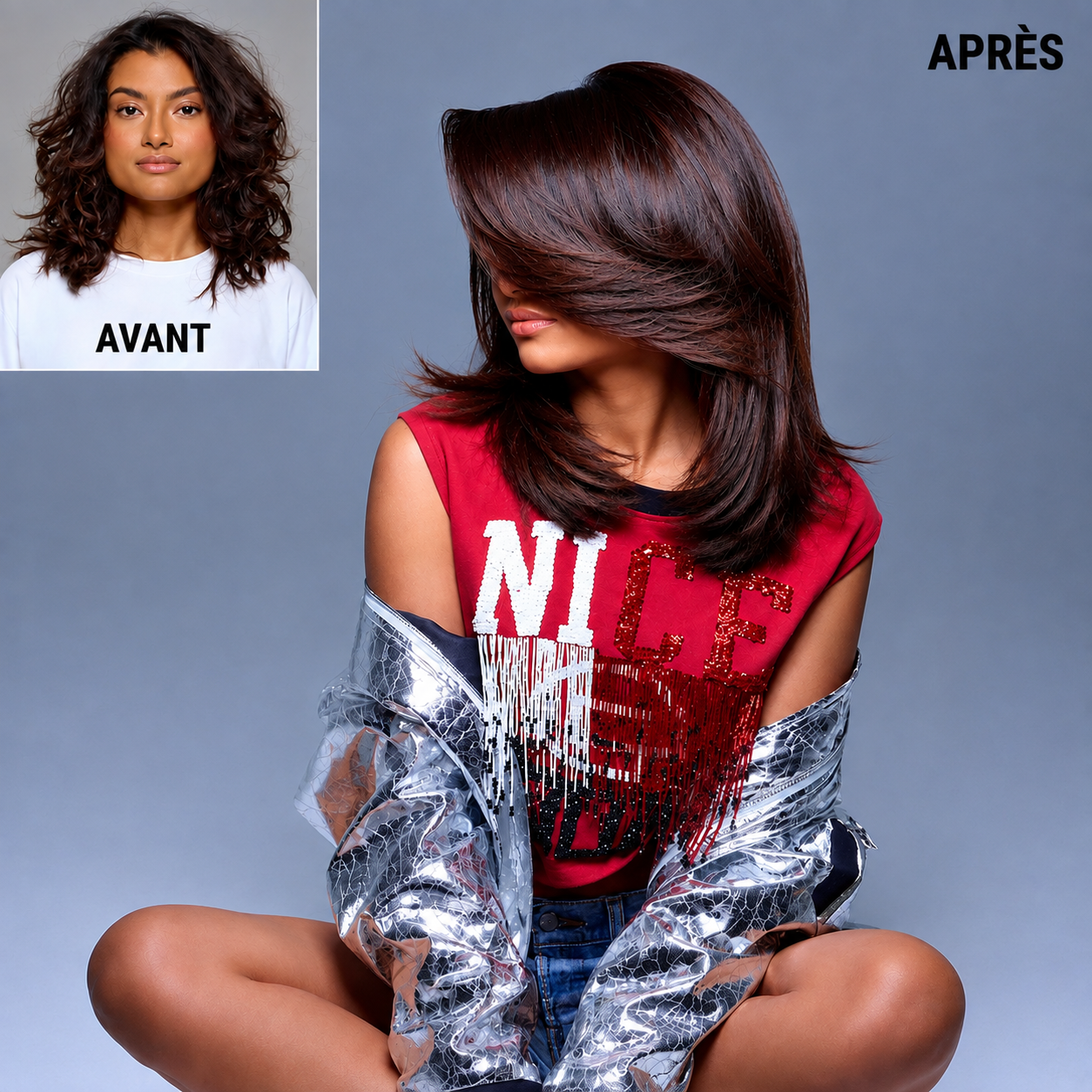 Avant/apr&egrave;s d&rsquo;une coiffure brune lisse et brillante.